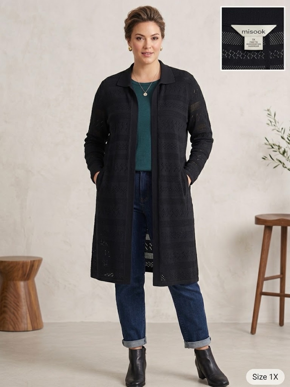 Misook Black Open-Knit Long Cardigan Coat